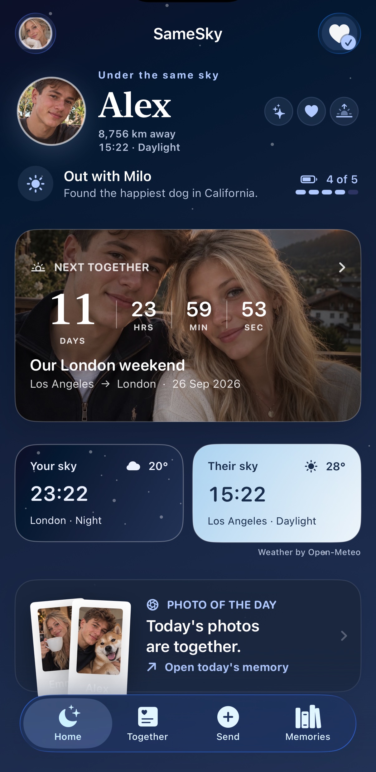A populated SameSky Home screen showing a partner portrait, countdown, two local skies, and Photo of the Day
